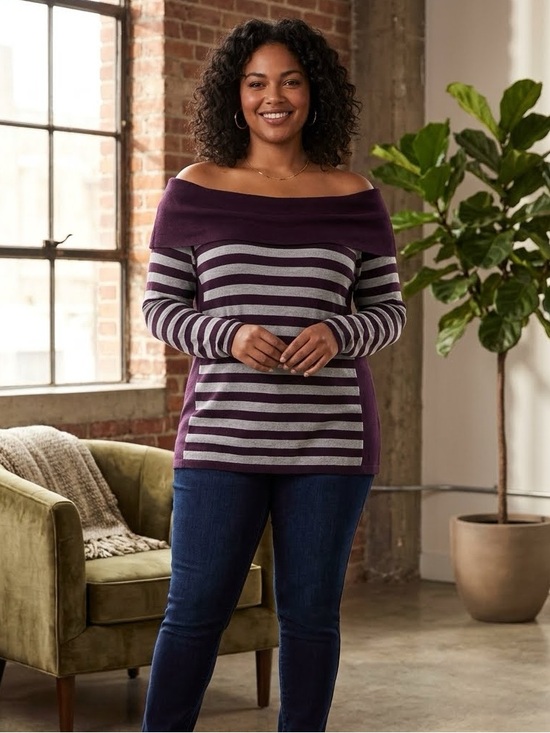 Tops - A&I Purple Grey Striped Off Shoulder Long Sleeve Top Size XL